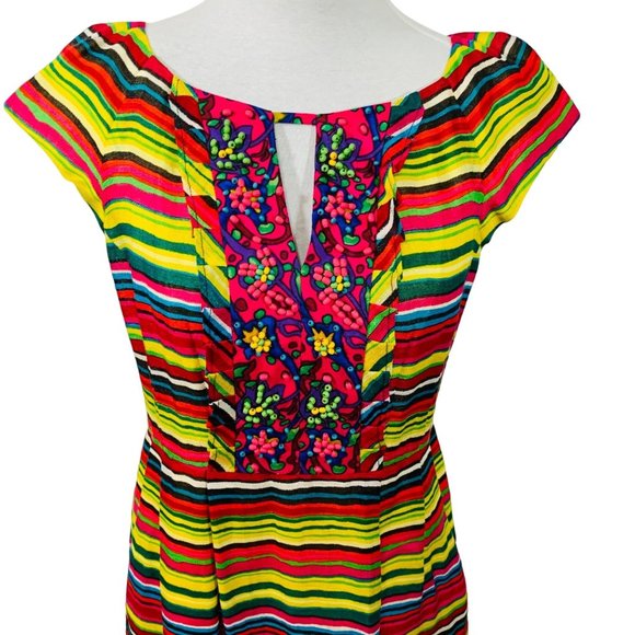 Nanette Lepore Linen Dress Size 8 Vibrant Stripes Beaded Neck Ruffle Accent - Picture 3 of 15